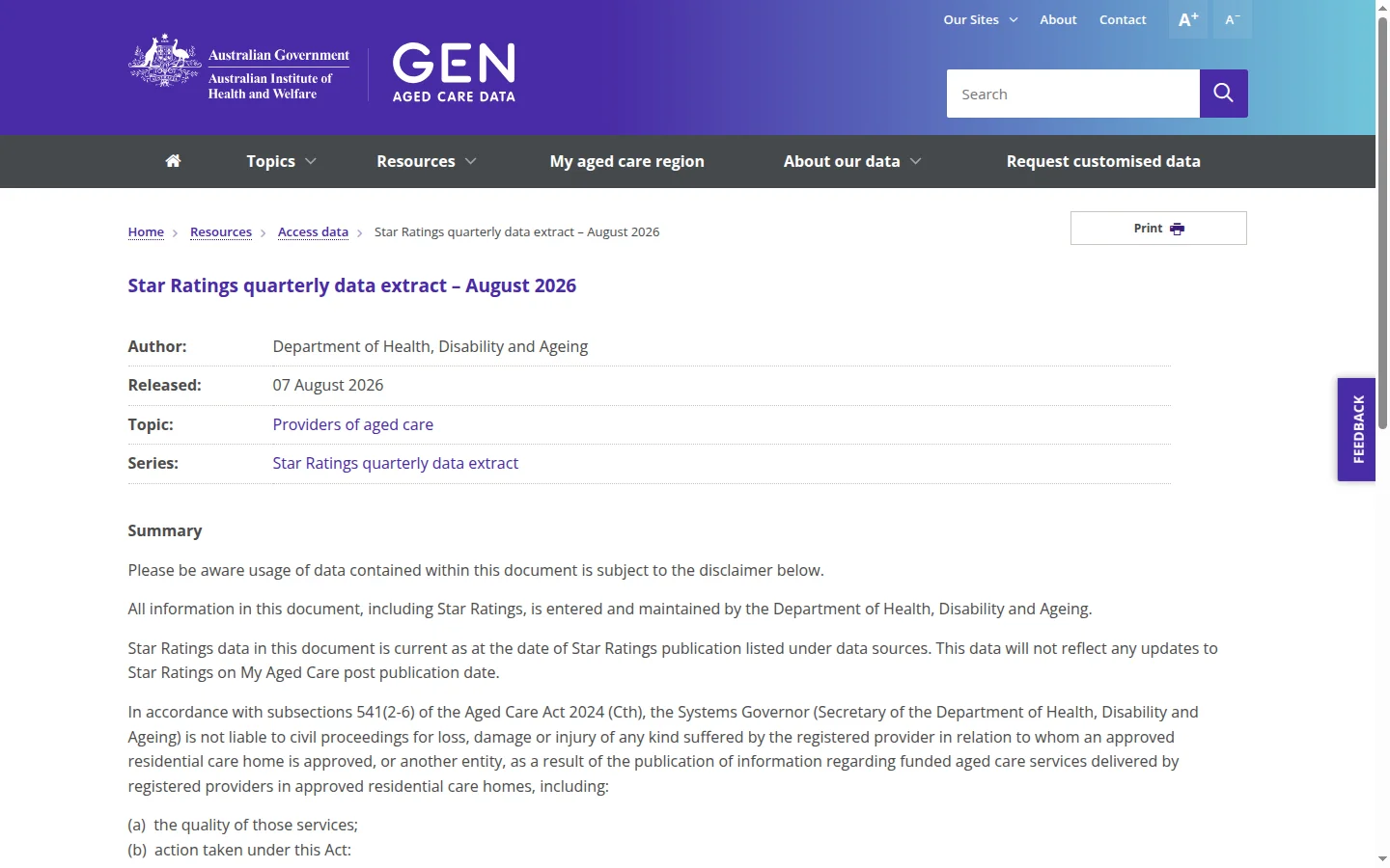 Screenshot of the top of the GEN Aged Care Data page titled Star Ratings quarterly data extract, August 2026, showing the title, the author Department of Health, Disability and Ageing, and the release date 07 August 2026.
