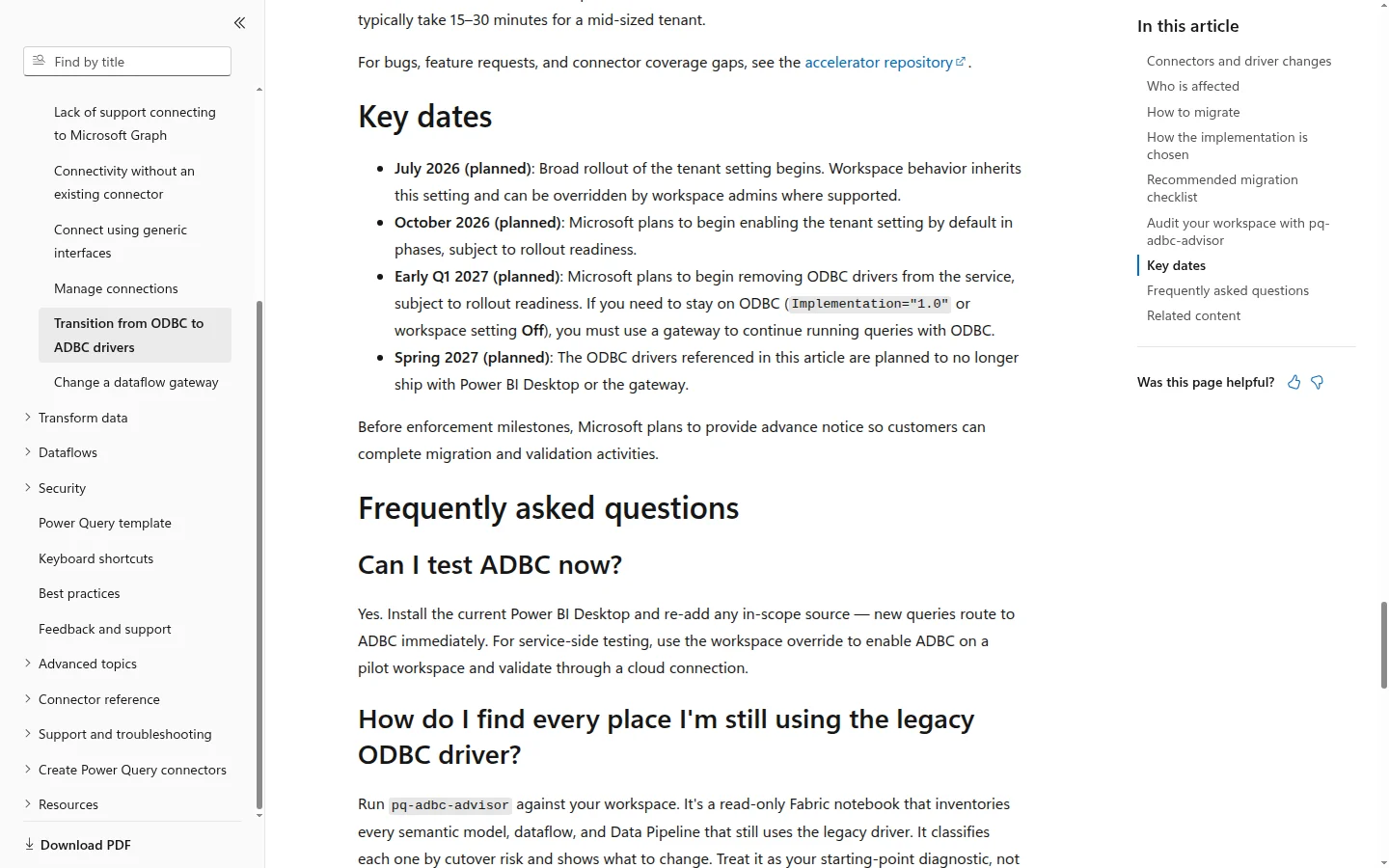 A browser screenshot of the Microsoft Learn page titled Transition from ODBC to ADBC drivers in Power BI and Microsoft Fabric, scrolled to the Key dates section with its four bulleted planned milestones visible.