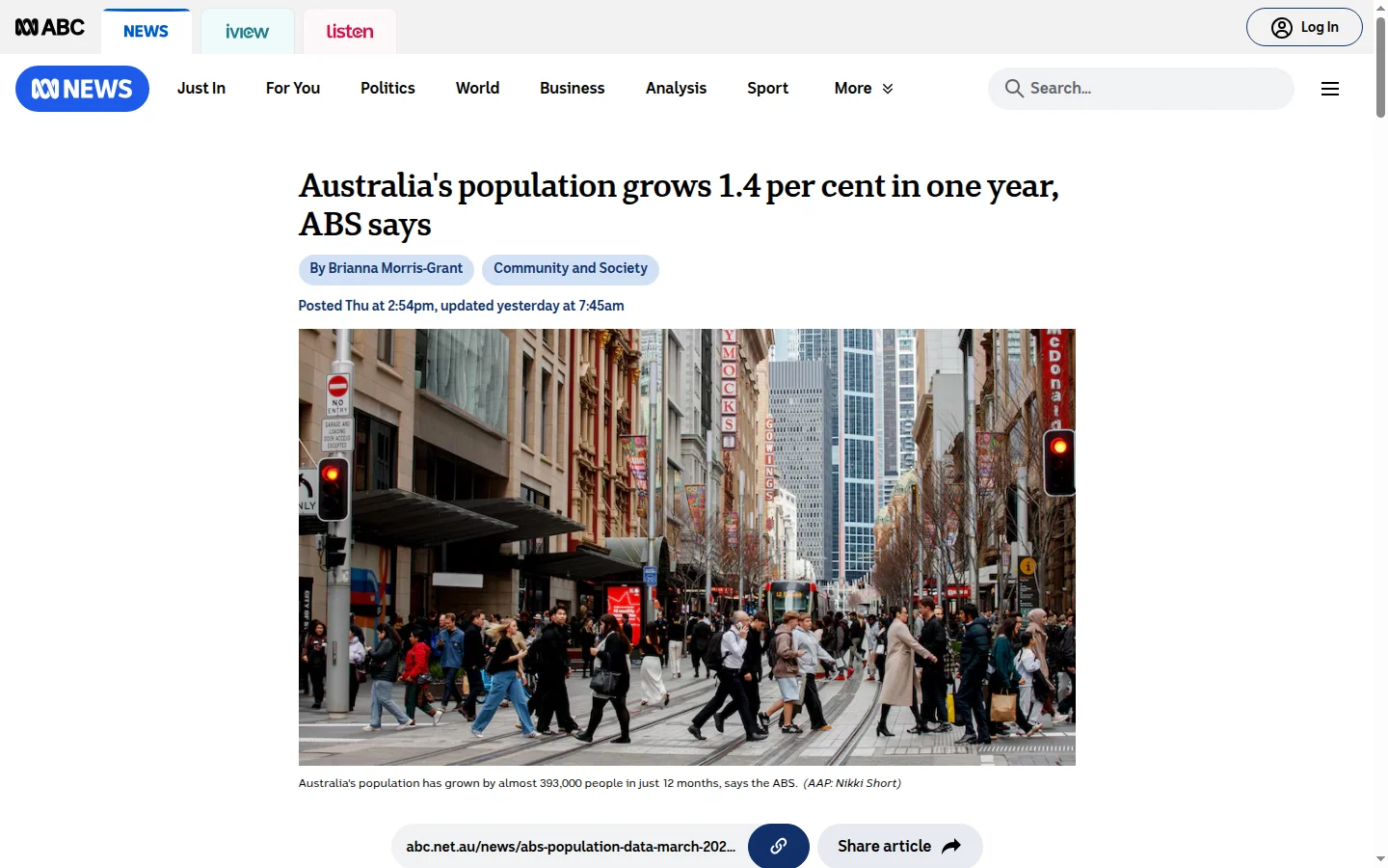A screenshot of the ABC News article reporting the March 2026 ABS population figures.