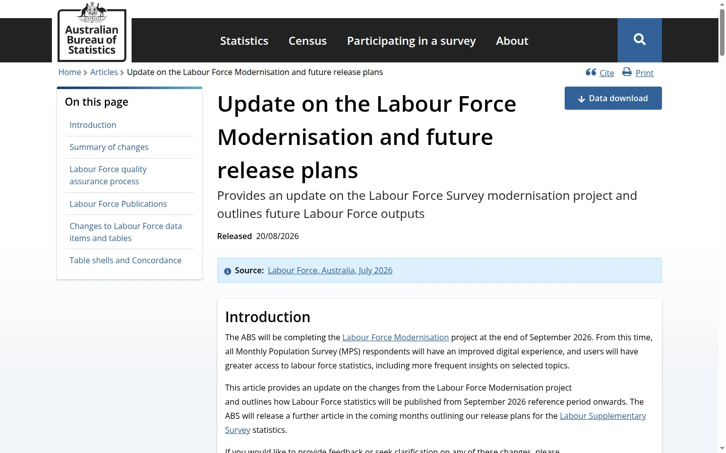 Screenshot of the ABS article page titled Update on the Labour Force Modernisation and future release plans, showing the release schedule and classification notes.