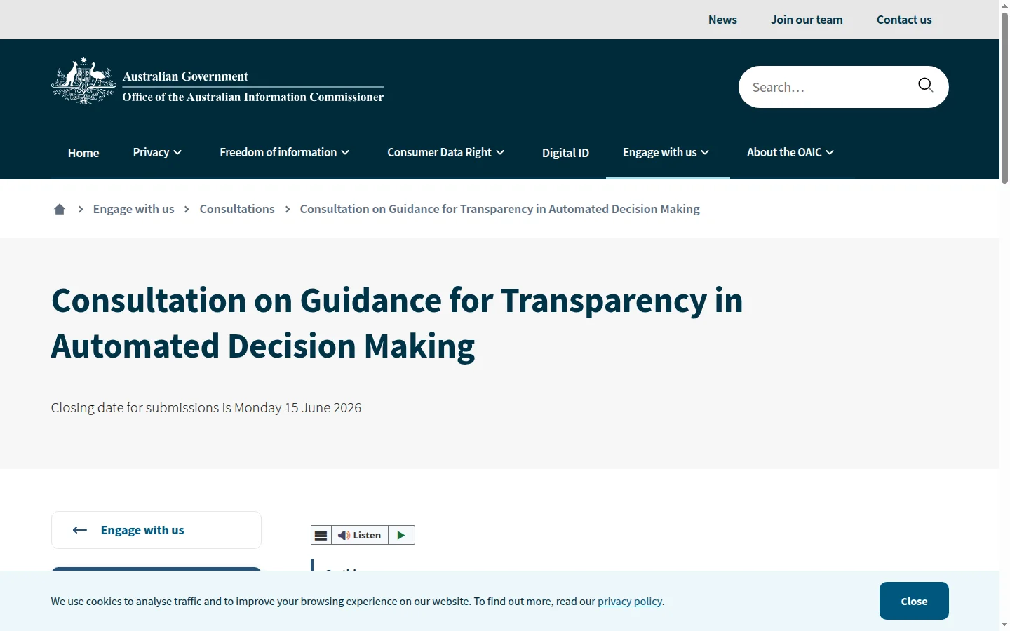 Screenshot of the OAIC web page for the consultation on guidance for transparency in automated decision-making, showing the page heading and consultation details.
