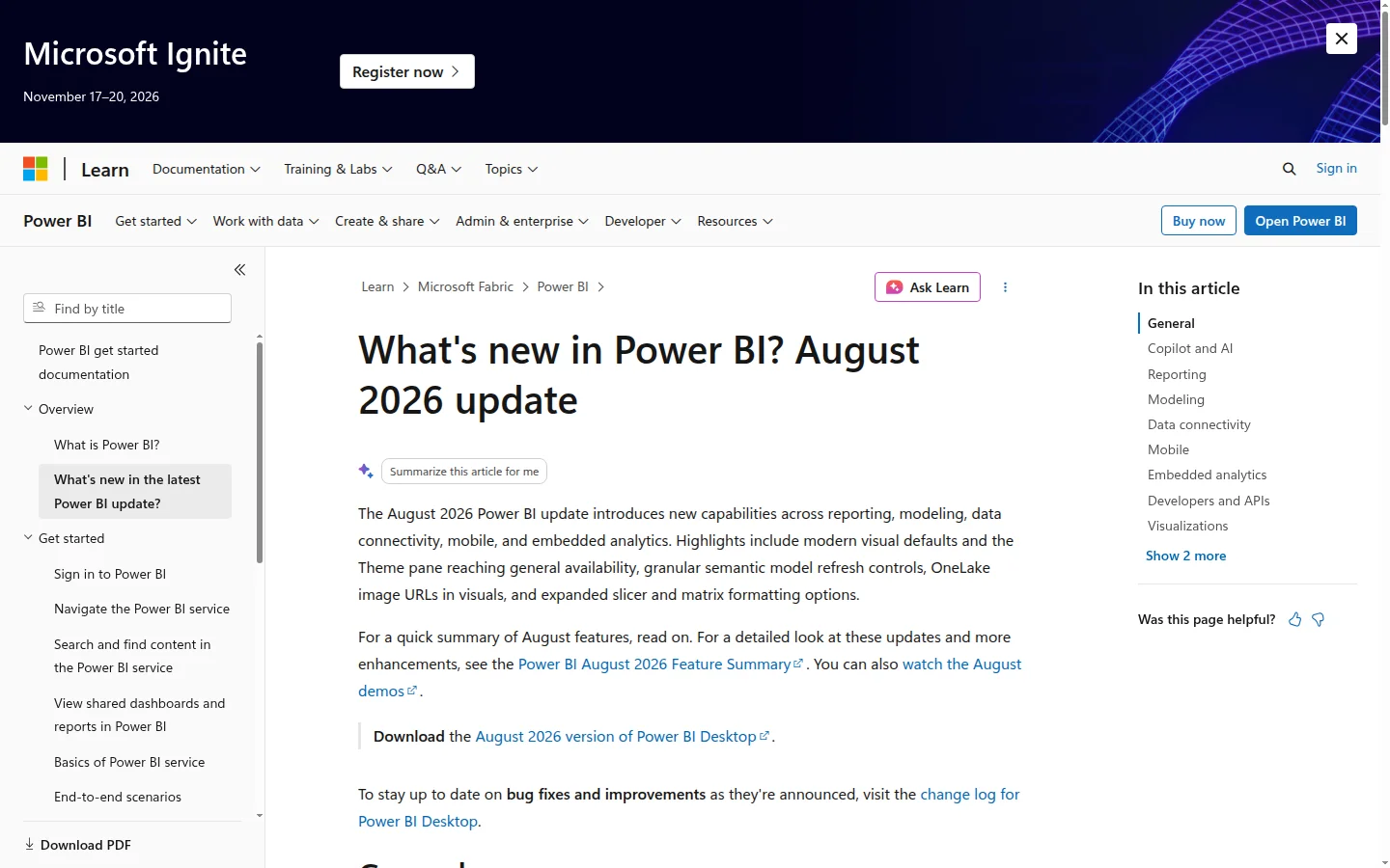 The Microsoft Learn page titled What's New in the August 2026 Power BI Update, listing the month's feature changes.