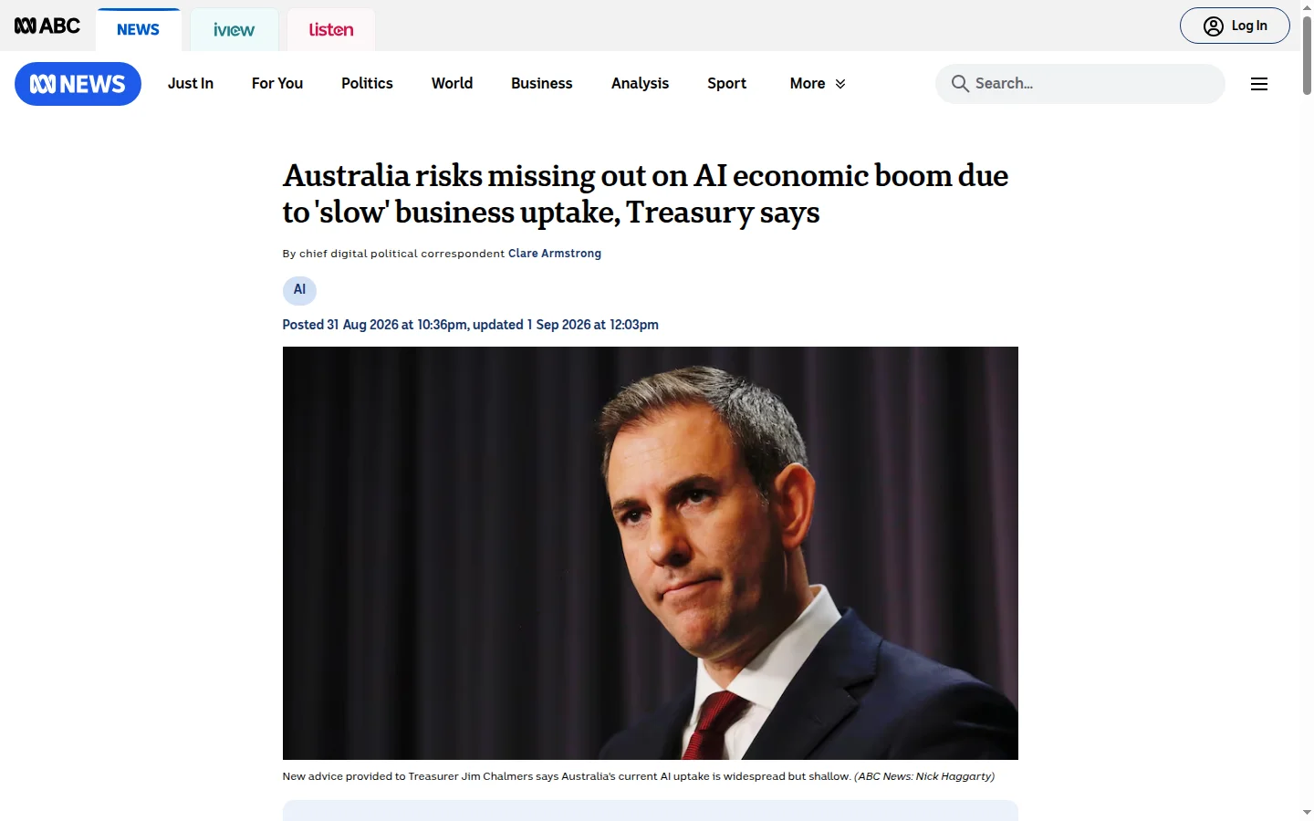 Screenshot of the ABC News article reporting Treasury's advice that Australia's AI uptake is widespread but shallow.